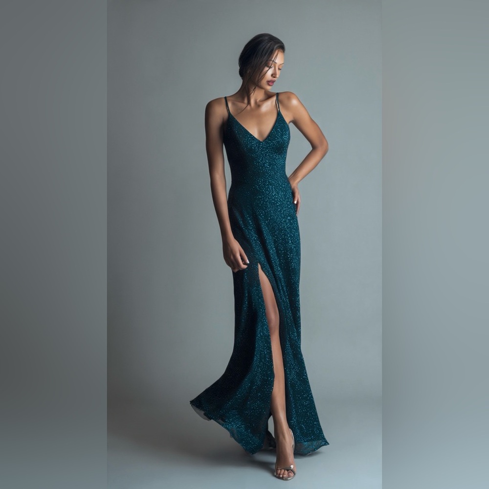 Glitter Teal Spaghetti-Strap Maxi Dress with Side Slit